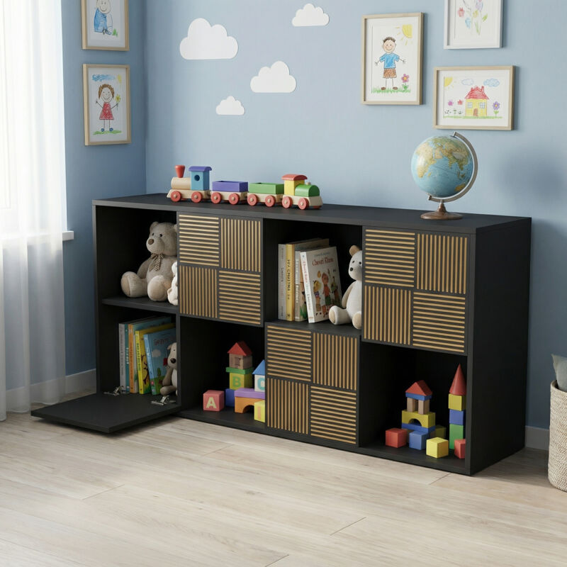 Bibliothèque enfant, 125X30X60cm, meuble de rangement enfant à 8 compartiments avec 4 portes, Étagère Modulaire en Bois, Style Moderne, Noir