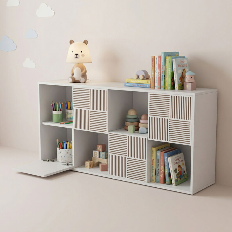 Bibliothèque enfant, 125X30X60cm, meuble de rangement enfant à 8 compartiments avec 4 portes, Étagère Modulaire en Bois, Style Moderne, Blanc