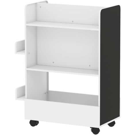 Bibliothèque enfant à roulettes 66,5x32,5x86,5cm blanc, rangement livres 3-8 ans avec tableau noir
