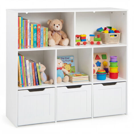 Bibliothèque Enfant avec 5 Cubes et 3 Tiroirs Roulants Amovibles, pour Jouets et Livres, pour Chambre d’Enfant, Salle de Jeux, 100 x 33 x 90 cm, Blanc