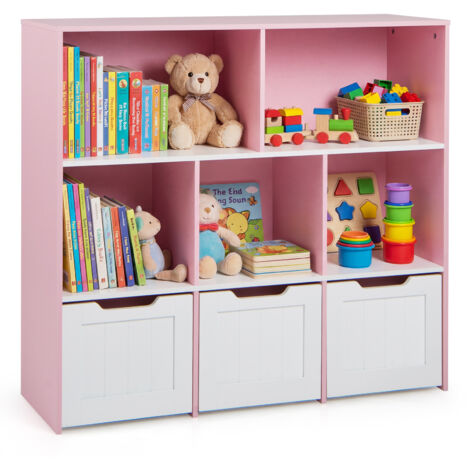 Bibliothèque Enfant avec 5 Cubes et 3 Tiroirs Roulants Amovibles, pour Jouets et Livres, pour Chambre d’Enfant, Salle de Jeux, 100 x 33 x 90 cm, Rose