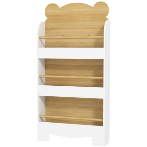 Bibliothèque enfant debout 55x15x110cm à 3 étagères en bois,rangement vertical pour jouets et chambre d’enfant blanche.
