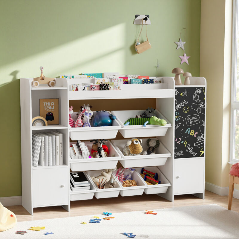 Bibliothèque Enfant, Meuble de Rangement Jouets Enfant avec 8 Boîtes Amovibles 8 Étagères, 3 portes et tableau noir, Organisateur de Jouets pour