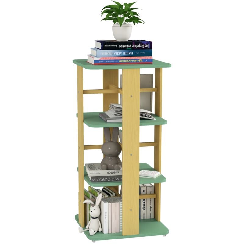 Bibliothèque enfant mobile sur roulettes - 4 niveaux rangement - bois de pin mdf vert