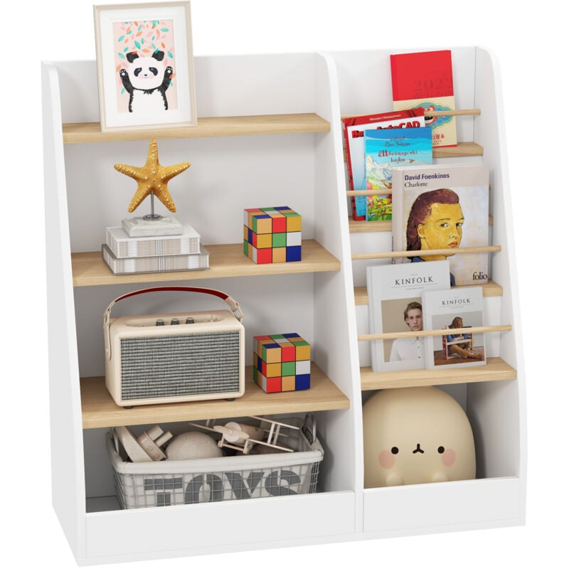 Bibliothèque enfant style nordique - 7 étagères, 2 niches - mdf blanc bois de pin clair