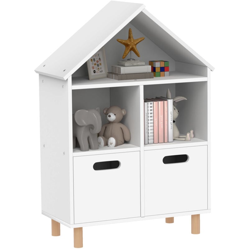 Bibliothèque enfant style nordique maisonnette - 2 tiroirs, 3 niches - mdf effet bois clair blanc