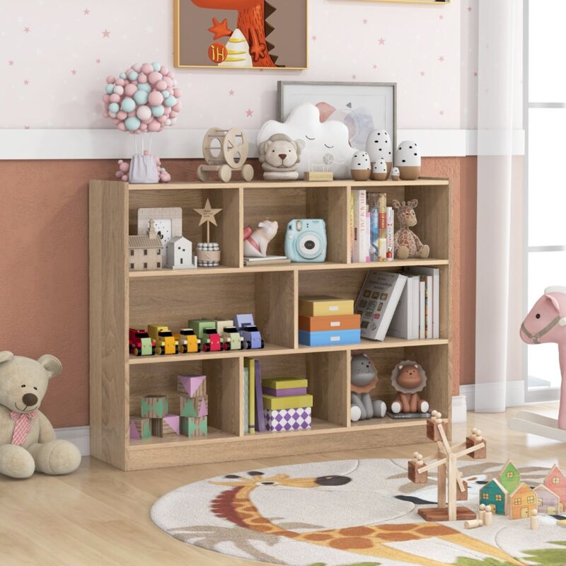 Bibliothèque Enfants à 3 Niveaux avec 8 Cases Étagère à Livres Enfant avec Espace de Rangement Charge 60kg 122 x 32 x 93 CM Naturel