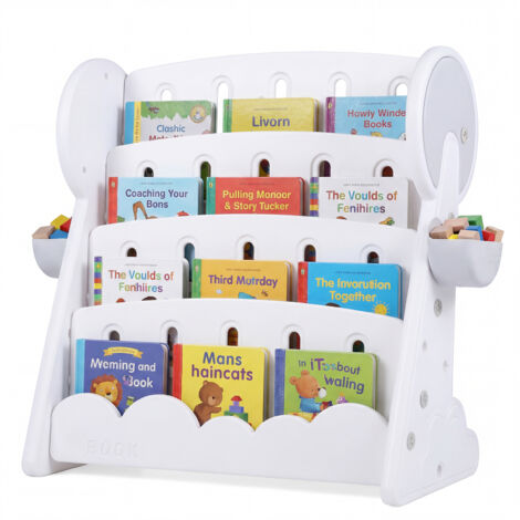 Bibliothèque Enfants à 4 Niveaux avec 2 Boîtes de Rangement et Étagère Inférieure Réversible, 92 x 42 x 79 cm, Organisateur de Rangement Convertible