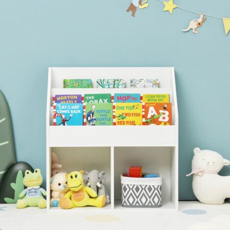 Bibliothèque Enfants en Bois 3 Compartiments et 2 Cubes Ouverts Rangement Jouets 70 x 30 x 80 CM Blanc Maison Chic