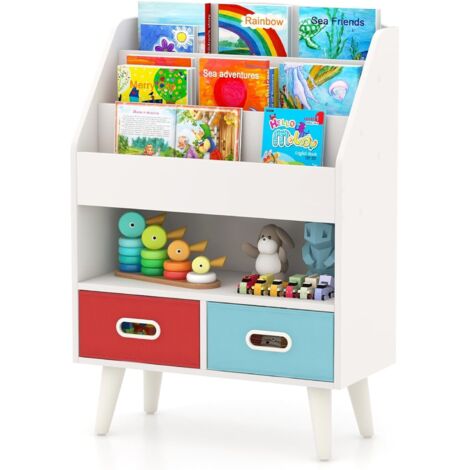 Bibliothèque Enfants en Bois avec Compartiment & 2 Tiroirs en Tissu, Kits Anti-basculement, Charge 100kg pour Enfants de 3 Ans+ (Blanc)
