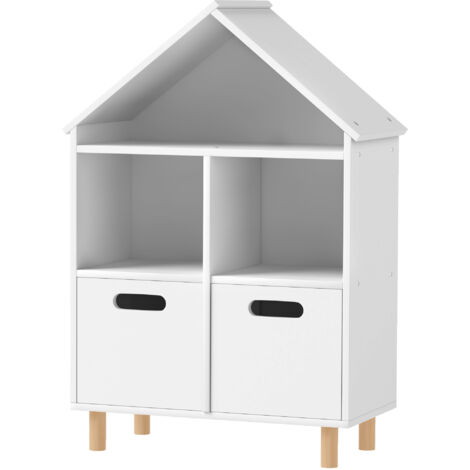 Bibliothèque enfants meuble de rangement enfants 3 niveaux avec deux tiroirs forme de maison 63,7 x 29,7 x 89 cm blanc