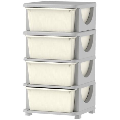 Bibliothèque, étagère 4 grands tiroirs - Rangement enfant - Plastique blanc crème - 37x37x76 cm