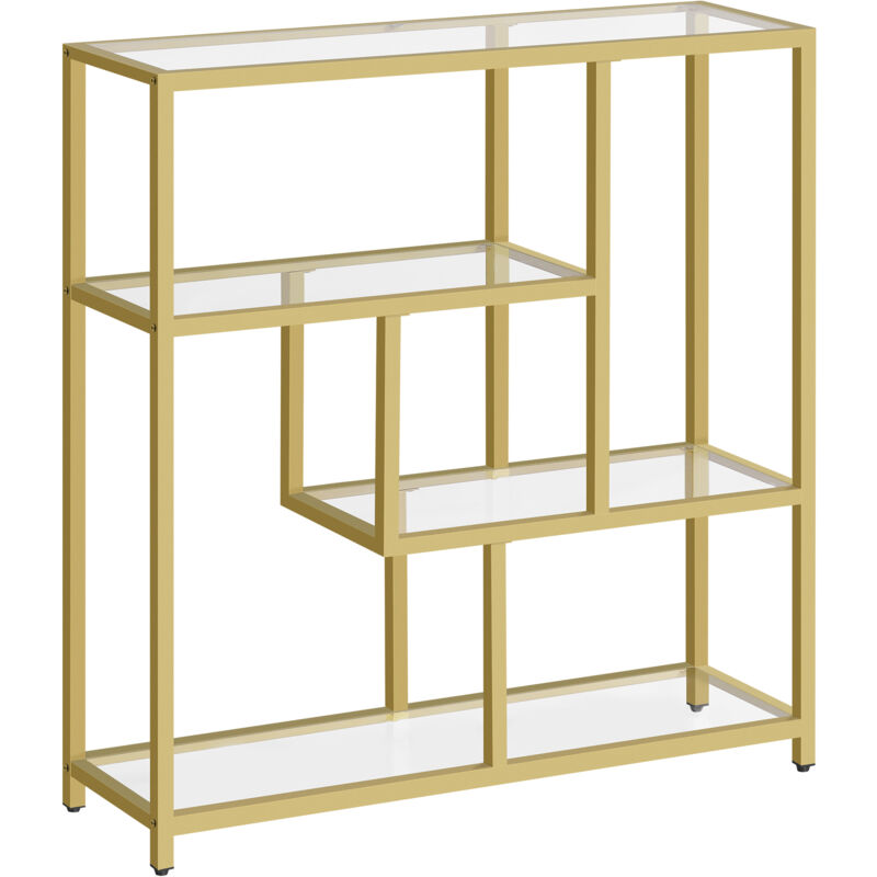 Bibliothèque, Étagère 4 Niveaux, Étagère Sur Pieds, 30 x 100 x 103 cm, Meuble de Rangement, pour Salon, Bureau, Chambre, Cuisine, Transparent et Doré