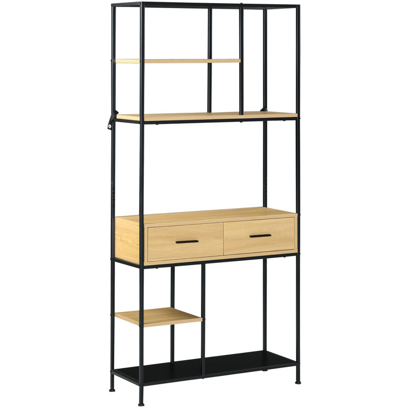 Bibliothèque étagère 5 niveaux 2 tiroirs design industriel H. 1,70 m acier noir aspect bois clair