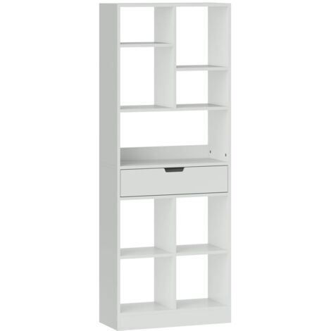 Bibliothèque, étagère - 9 niches et tiroir - Système anti-basculement - Meuble de salon et bureau - 60x26x158 cm - Blanc