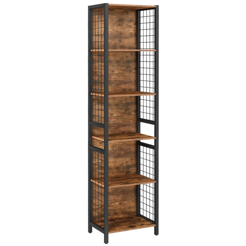 Bibliothèque, Étagère à 6 Niveaux, Meuble de Rangement, 30 x 40 x 175,6 cm, avec 4 Crochets en S, pour Bureau, Salon, Cadre en Acier, Marron Rustique