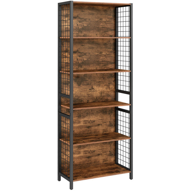 Bibliothèque, Étagère à 6 Niveaux, Meuble de Rangement, 30 x 60 x 175,6 cm, avec 4 Crochets en S, pour Bureau, Salon, Cadre en Acier, Marron Rustique