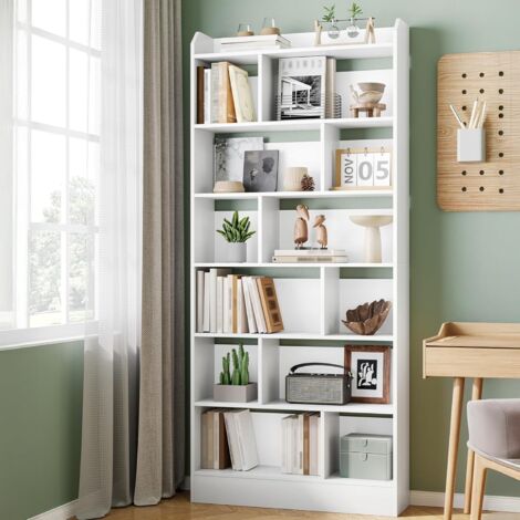Bibliothèque, Étagère à 7 Niveaux, Meuble de Rangement Livres, Cloison Séparateur, Présentoir, pour Salon, Chambre, Bureau,Blanc