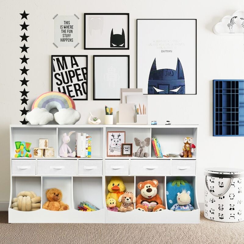 Bibliothèque Étagère à Livres Enfant Meuble de Rangement Jouets Porte-revues 5 Compartiments Ouverts avec Tiroirs et Paniers Blanc design in