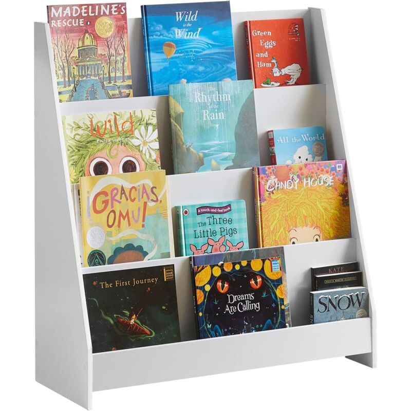 Bibliothèque Étagère à Livres Enfants avec 4 Niveaux de Compartiments Ouvert, Meuble de Rangement pour Enfants avec Présentoir Frontal, 88x30x80cm,