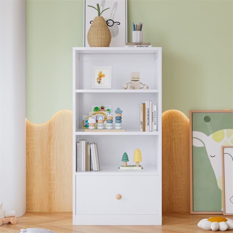 Bibliothèque, étagère avec trois tablettes et un tiroir, avec 1 poignée ronde en bois, coulisses silencieuses, MDF, adaptée pour chambre, salon