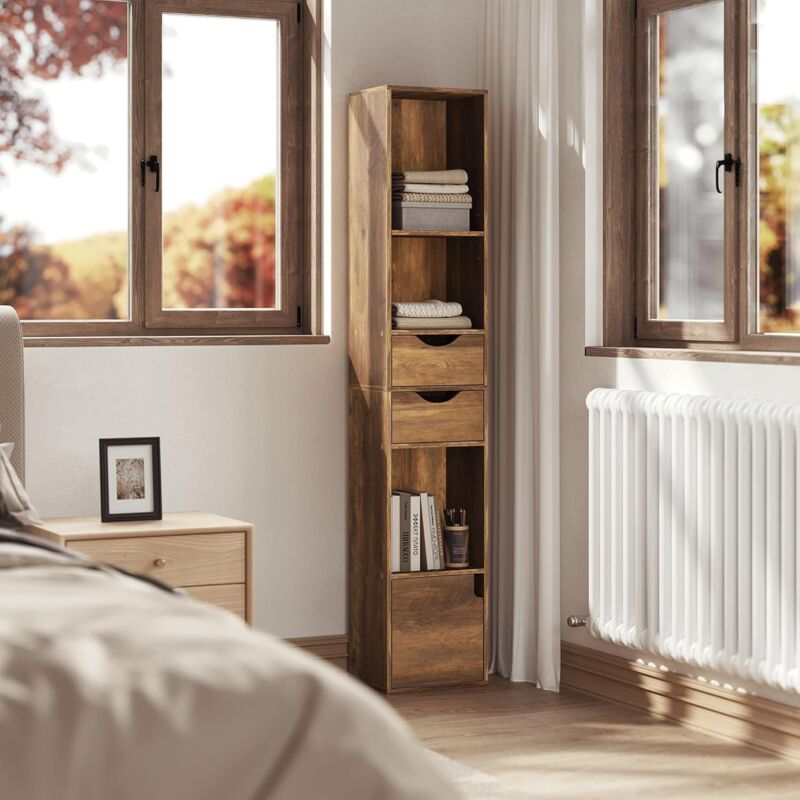 Woltu - Bibliothèque Étagère Colonne Meuble de Rangement Polyvalent avec 2 Tiroirs, 1 Casier, 5 Compartiments Ouverts, 30x24x158cm, Chêne Brun