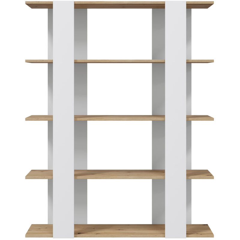 Bibliothèque, étagère coloris Chêne Nodique, Blanc artic - longueur 108 x hauteur 136 x profondeur 31 cm