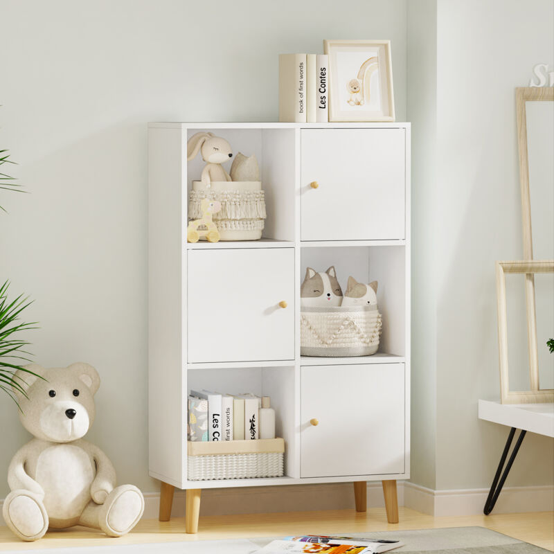 Bibliothèque, Étagère de Rangement 6 Cases, Armoire de Rangement avec 3 Cubes Ouverts 28 x 30 x 30 cm, 3 Compartiments avec Porte, Meuble de