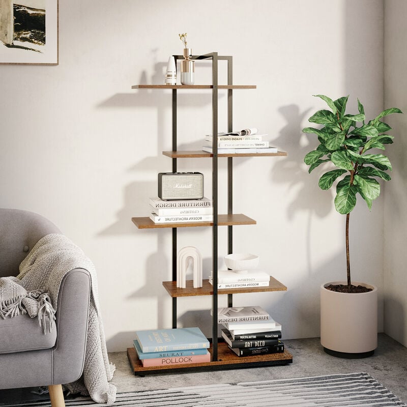 bibliotheque-etagere de rangement au sol-bibliotheque a 5 niveaux en quinconce, presentoir, style industriel vintage,marron-meerveil