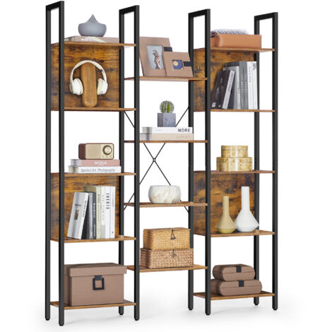 Bibliothèque, Étagère de Rangement, avec 14 Étagères, Cadre en Métal, Salon, Bureau, Style Industriel, 24 x 128 x 166 cm, Marron Rustique et Noir d'encre