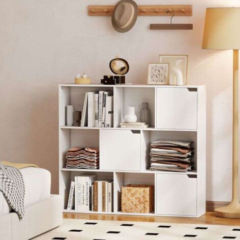 Bibliothèque étagère de rangement blanche 9 cubes, 3 portes et 6 compartiments ouverts, dimensions 106 x 24 x 95 cm, idéale salon et chambre