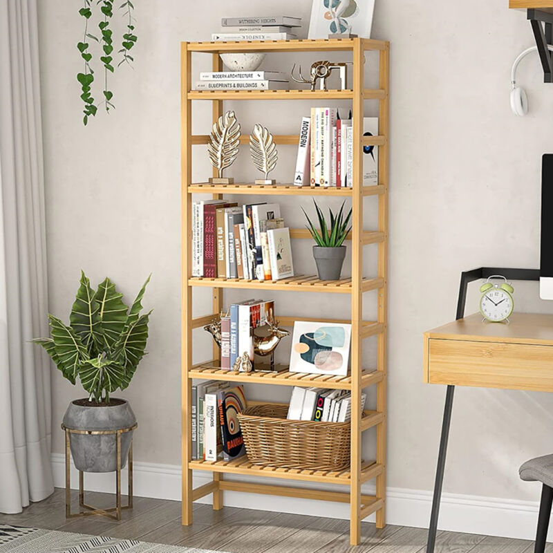 Unho - Bibliothèque-Étagère de Rangement en Bamboo à 6 Niveaux, Étagère de Hauteur Réglabale, 161cm Meuble de Rangement Naturel Design pour Cuisine,
