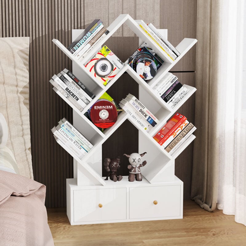Haloyo - Bibliothèque Étagère de rangement Étagère de rangement 6 étagères Arbre Bibliothèque avec tiroir 60x20x100cm Blanc