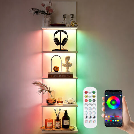 Bibliothèque, Étagère de Rangement LED à 5 Niveaux RGBIC, App & Télécommande, Étagère murale effets lumineux dynamiques, en MDF avec montage invisible 30x18x117 cm, Salon, Chambre, Balcon, Blanc