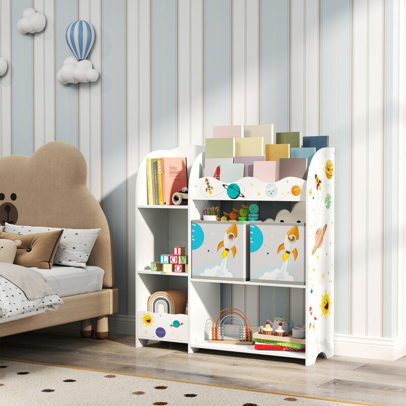 Bibliothèque, Étagère de Rangement pour Enfants, pour Livres et Jouets, avec 2 Boîtes de Rangement, pour Salle de Jeux, Chambre d’Enfants, Salon,