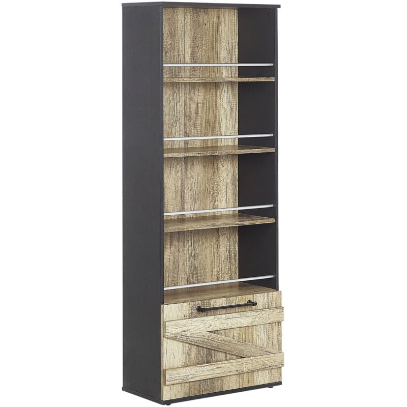 Beliani - Bibliothèque Etagère Noire et Bois Clair avec Porte Spacieux Solution Rangement Idéale pour Salon ou Chambre au Style Rustique et Campagne