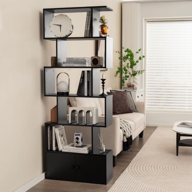 Design In - Bibliothèque Étagère Échelle 6 Niveaux avec 2 Portes, 70x23x183 cm, Style Moderne s, Noir CW11330