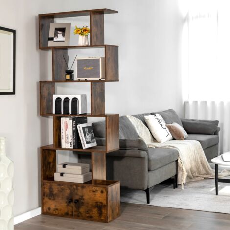Bibliothèque Étagère Échelle en Bois à 6 niveaux avec 2 Portes 70 x 23 x 183 cm Style Moderne Forme en S Marron Rustique Maison Chic