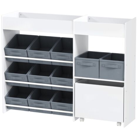 Bibliothèque, étagère enfant rangement jouets-11 caisses tissu-compartiments supérieurs-3 autocollants-blanc