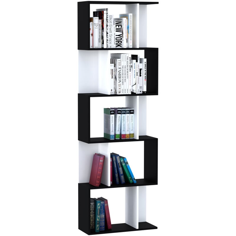 Bibliothèque étagère meuble de rangement design contemporain en S 5 étagères 60L x 24l x 185H cm noir blanc