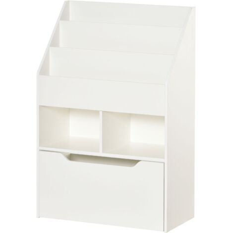 Bibliothèque étagère Multi-Rangement 3 étagères 2 niches Grand tiroir en bois Blanc