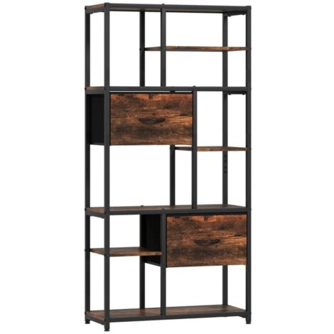 Bibliothèque-Étagère-Rangement-2-Tiroirs-Tissu-9-Compartiments-Cadre-Acier-Marron-Noir-72,5x30x105cm