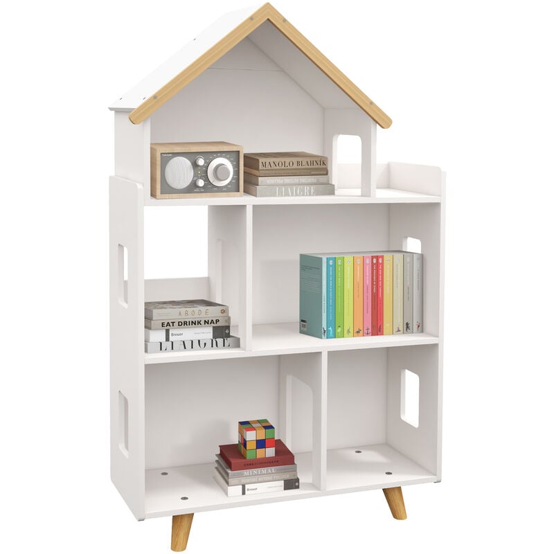 Bibliothèque étagère scandinave design maison 5 niches étagère pieds effilés bois pin mdf blanc