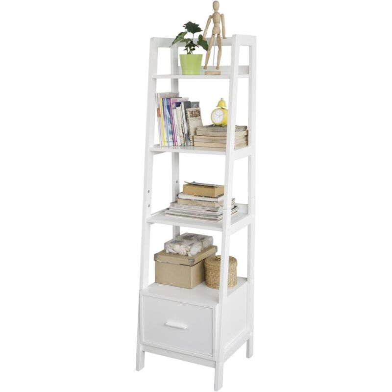 Bibliothèque Étagère style échelle de 4 niveaux et 1 tiroir –Blanc L44xP40xH160cm SoBuy® FRG116-K-W