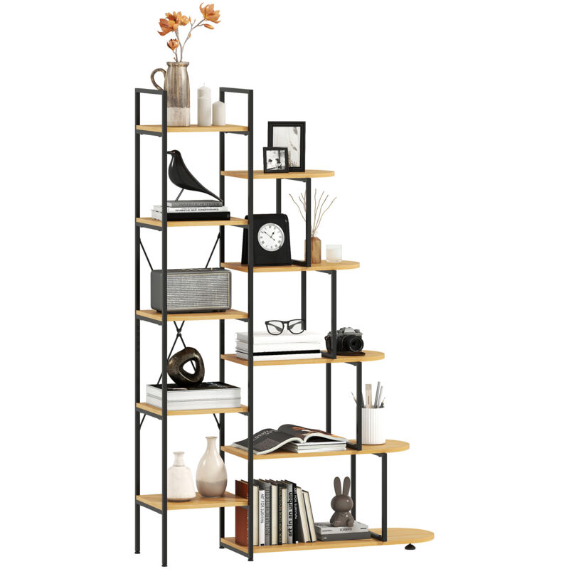 Bibliothèque étagère style industriel - 10 étagères - panneaux particules aspect bois clair acier noir