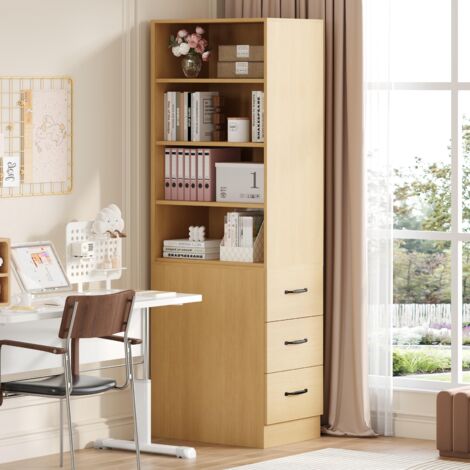 Bibliothèque étroite 180 cm avec tiroirs latéraux, étagères réglables, meuble gain de place, salon/bureau