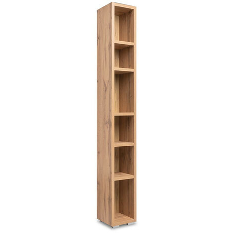 Bibliothèque étroite 191 cm 6 niches – Panneaux mélaminés chêne – Design colonne pour espaces confinés – Rangement décoratif