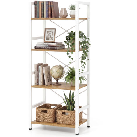 Bibliothèque Étroite Autoportante à 4 Niveaux avec Cadre Métallique, Étagère avec Rayons Ouverts & Design Anti-Chute, 41,5 x 27,5 x 100 cm, Naturel