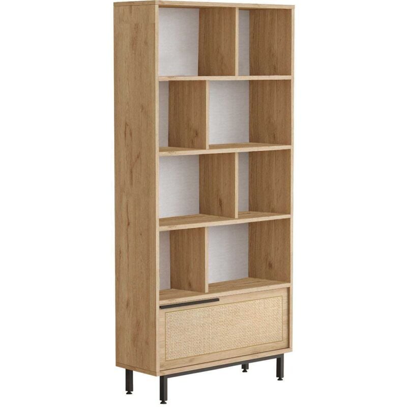 CALICOSY - Bibliothèque avec 1 porte décor chêne et impression rotin - H175,6 cm
