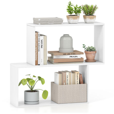 Bibliothèque Géométrique à 3 Niveaux, Bibliothèque en Bois Autoportante avec 2 Compartiments Cubiques, Étagère de Rangement Ouverte, Blanc
